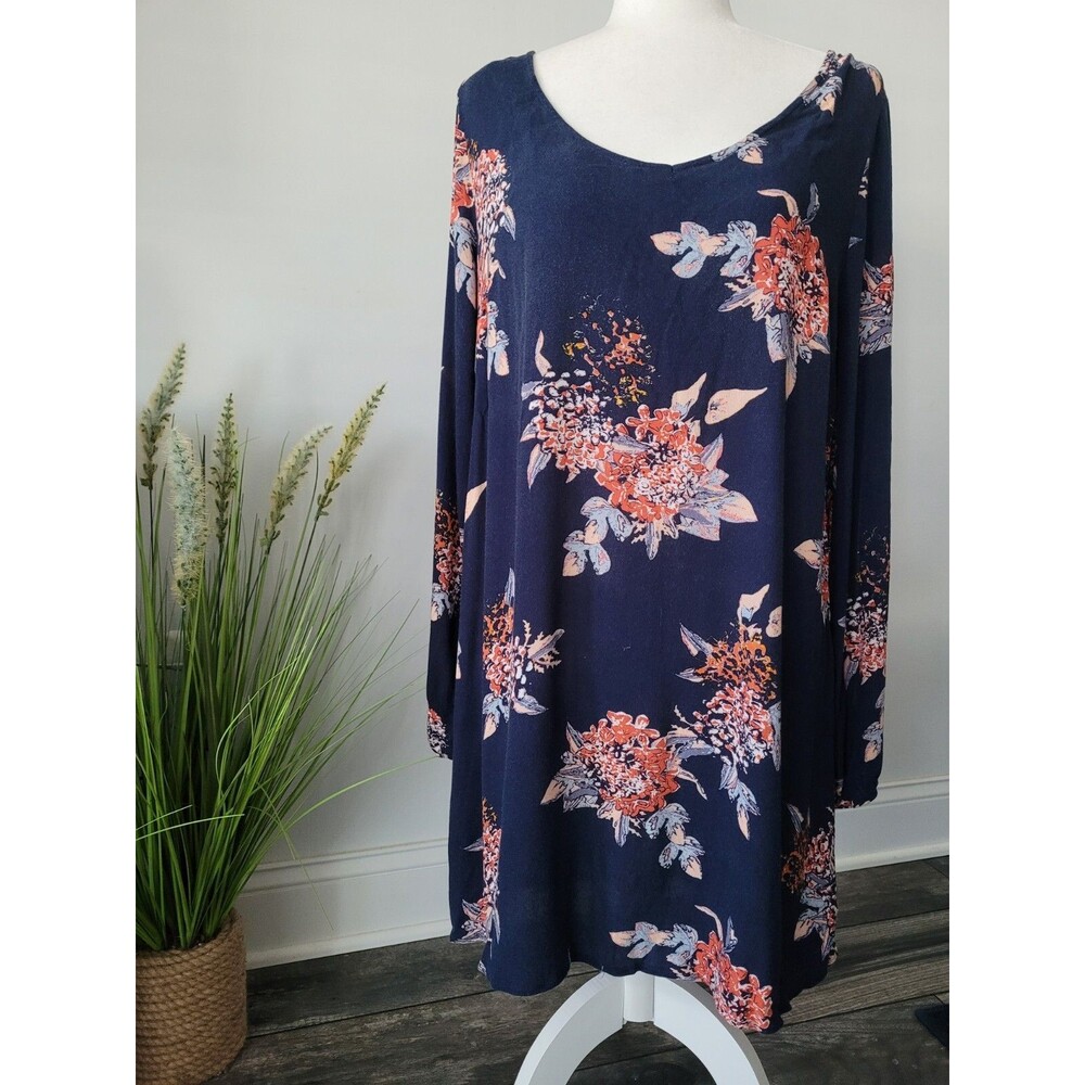 Xhilaration Dress Womens Large Floral V Neck Long Slit Sleeve Blue Floral